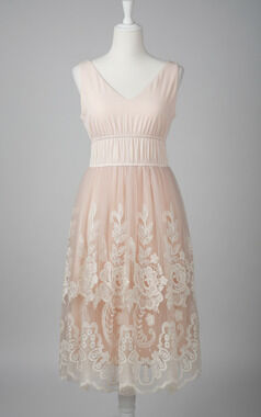 PINKY Sz M Light Cream Lace Mesh Dress Embroidered